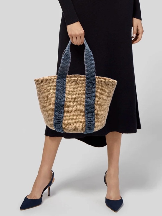 Chloe Handbags - Chloé Natural Straw Tote with Navy Braided Handles